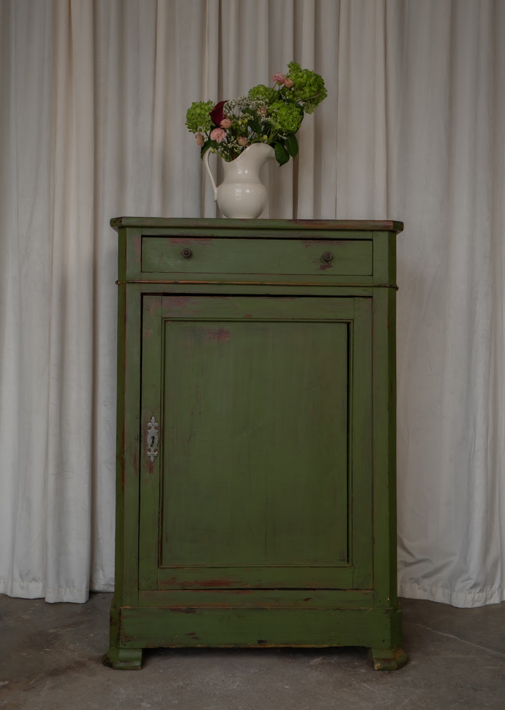 Antique Green Painted Cupboard | One-Drawer Cottage Storage Cabinet.