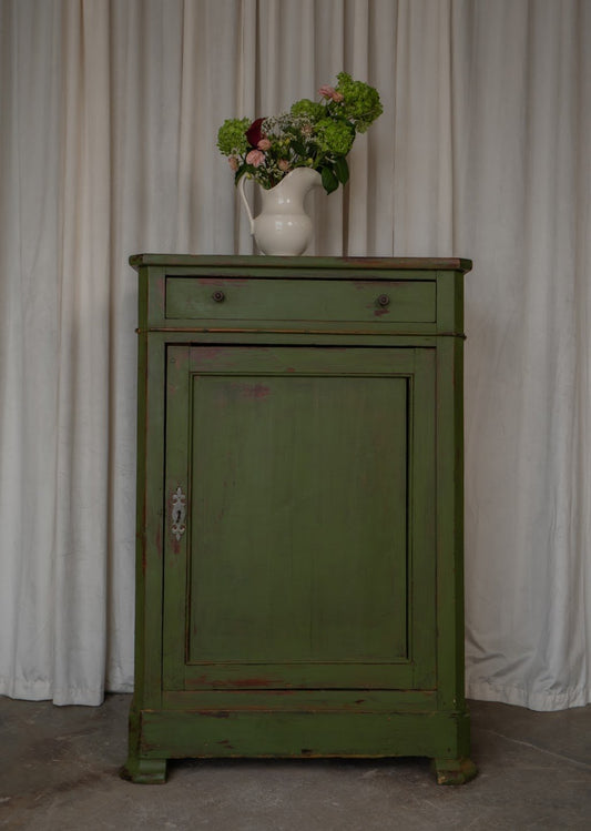Antique Green Painted Cupboard | One-Drawer Cottage Storage Cabinet. - IDYLL MANOR