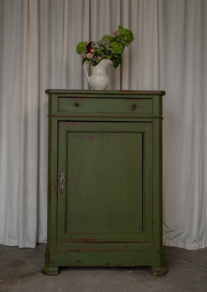 Antique Green Painted Cupboard | One-Drawer Cottage Storage Cabinet.