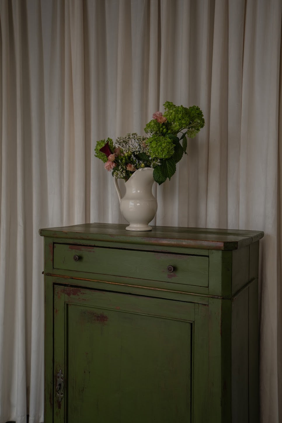 Antique Green Painted Cupboard | One-Drawer Cottage Storage Cabinet.