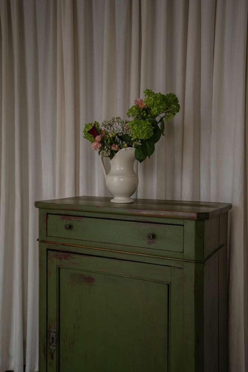 Antique Green Painted Cupboard | One-Drawer Cottage Storage Cabinet.