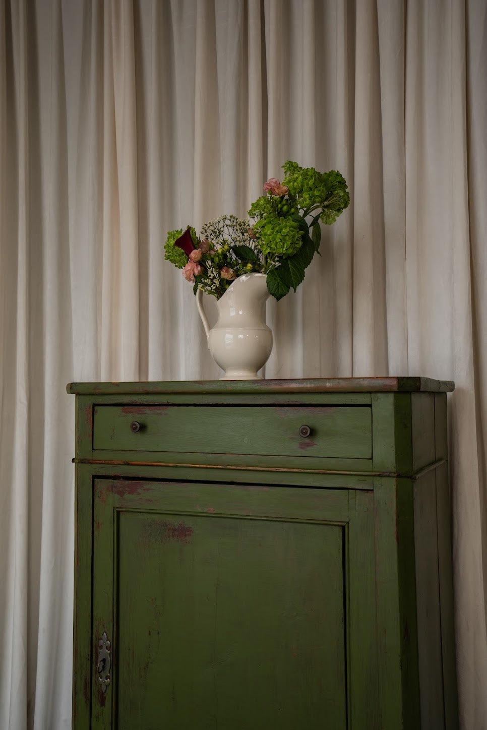 Antique Green Painted Cupboard | One-Drawer Cottage Storage Cabinet.
