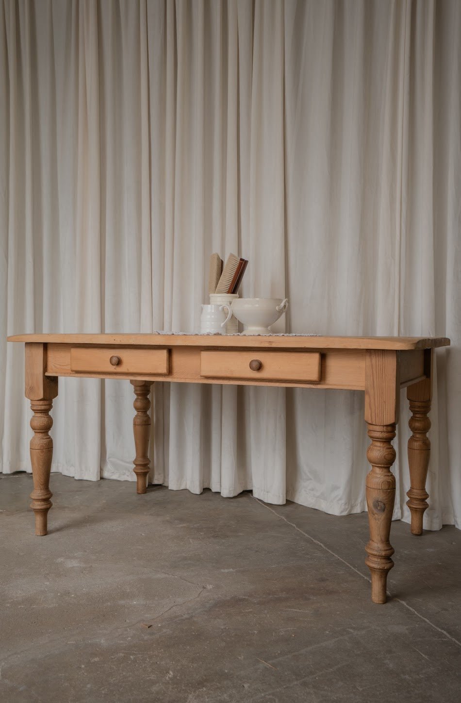 Vintage English Pine Two-Drawer Dining Table