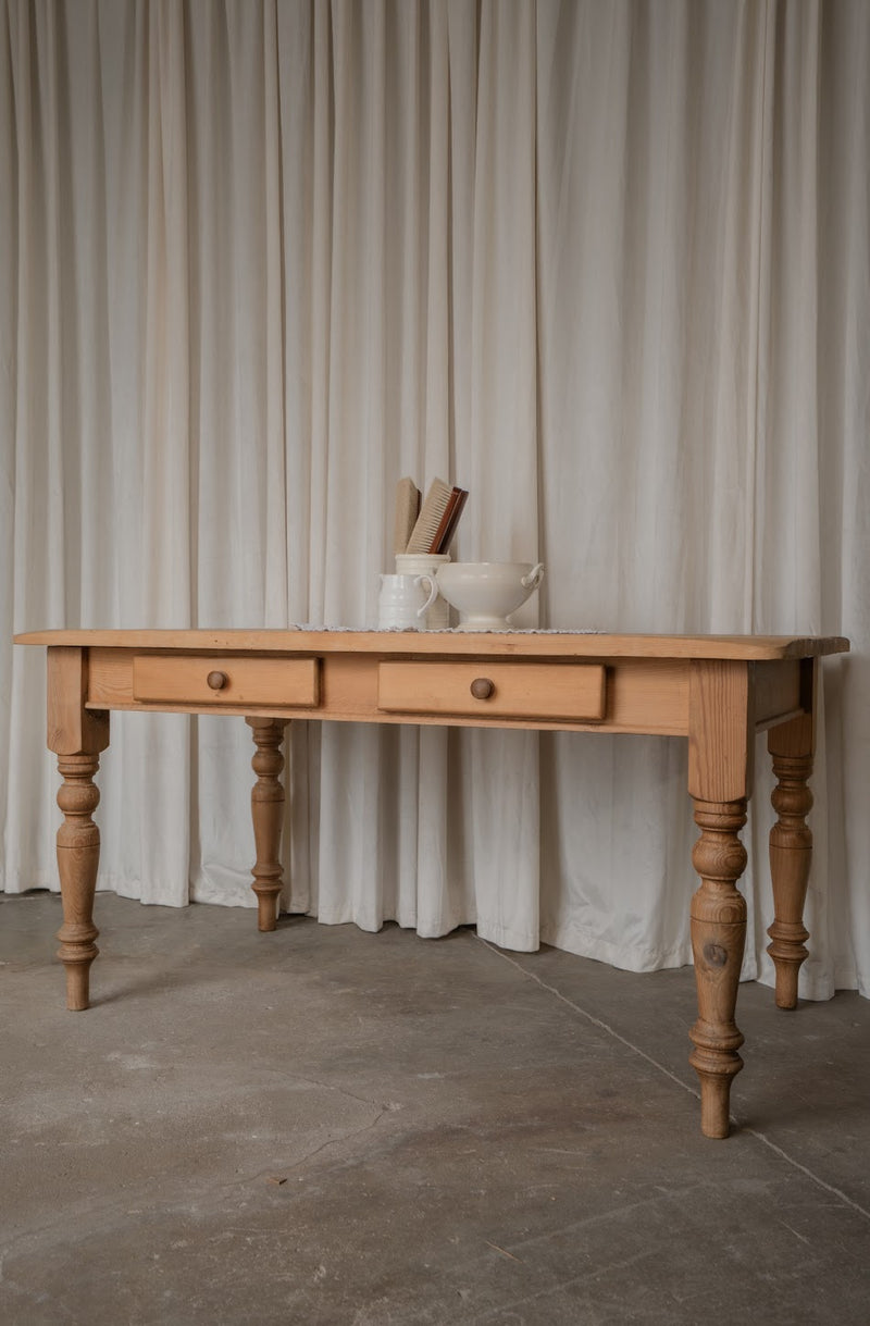Vintage English Pine Two-Drawer Dining Table