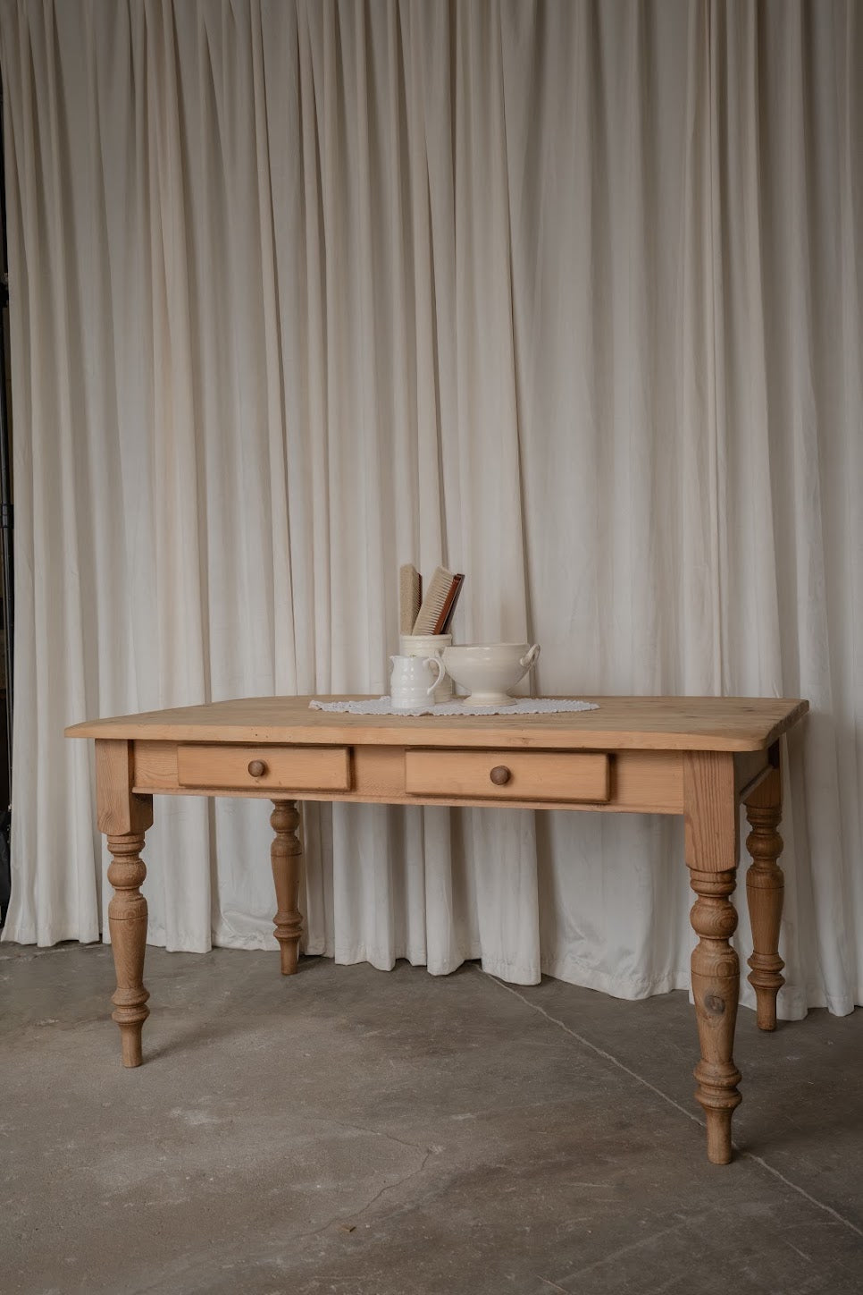 Vintage English Pine Two-Drawer Dining Table