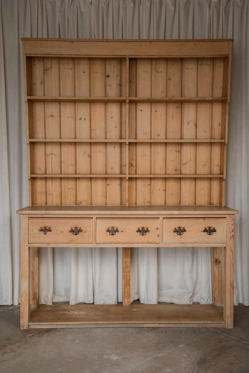 Antique Pine Kitchen Dresser with Brass Handles and Open Shelving - IDYLL MANOR