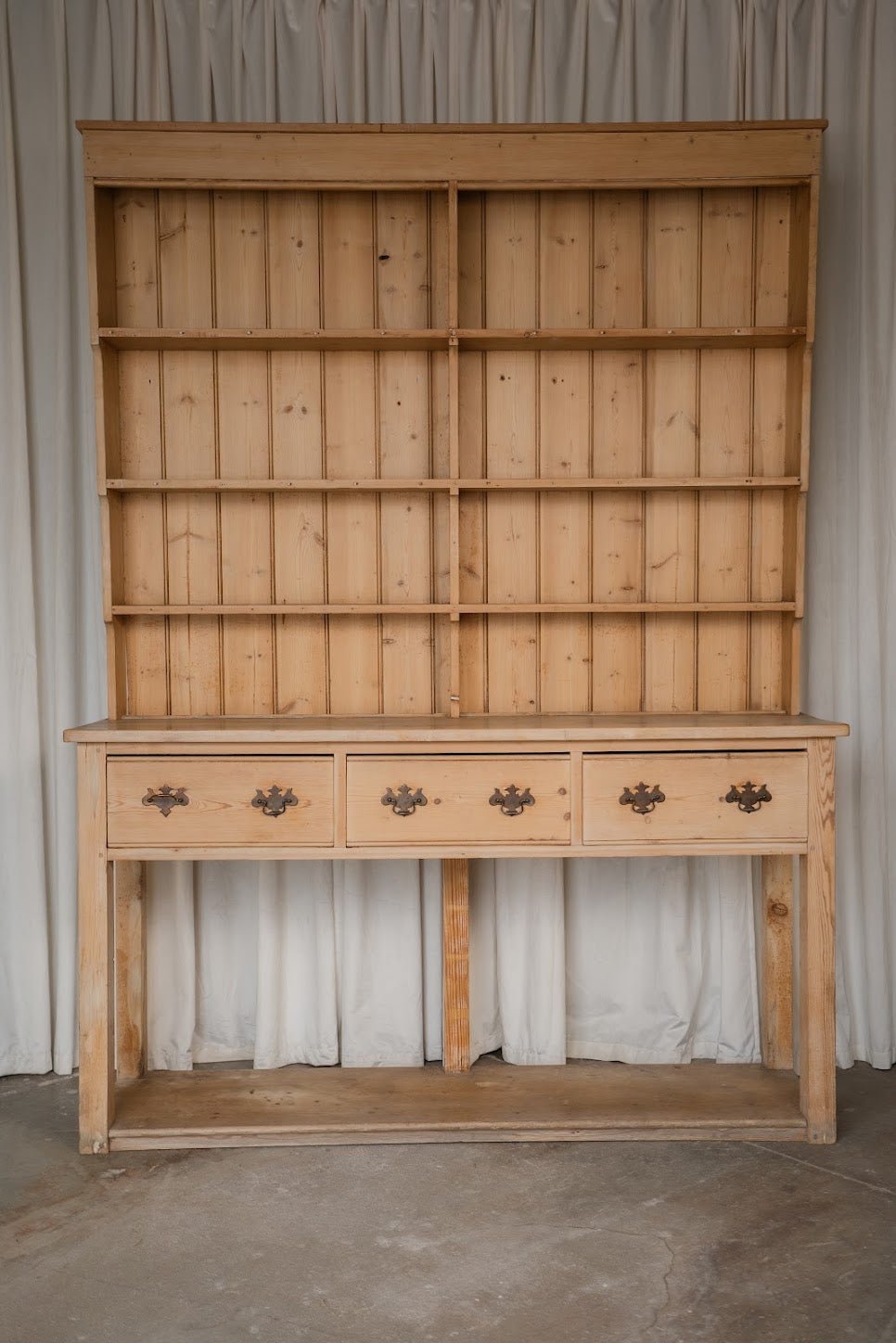 Antique Pine Kitchen Dresser with Brass Handles and Open Shelving - IDYLL MANOR