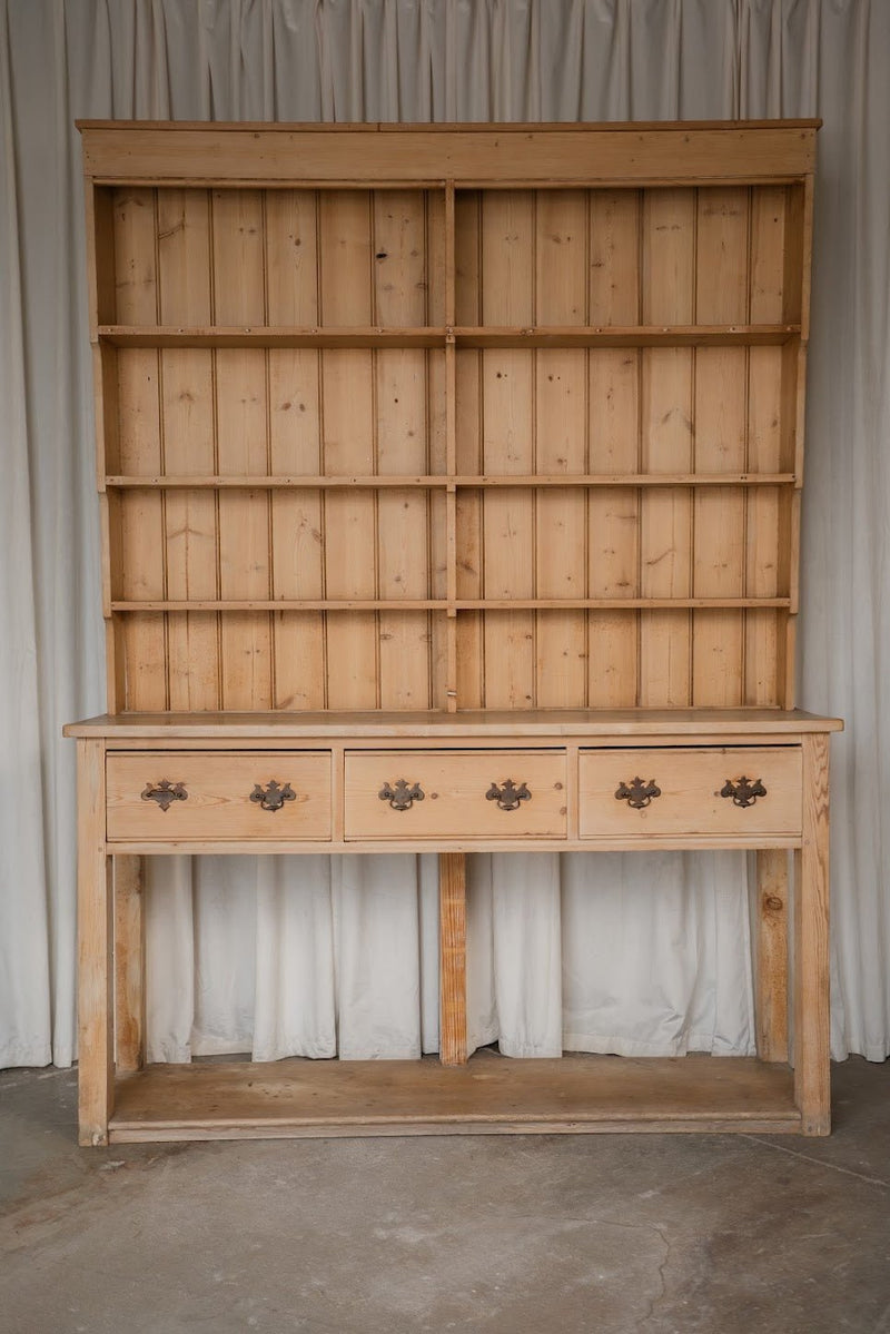Antique Pine Kitchen Dresser with Brass Handles and Open Shelving - IDYLL MANOR