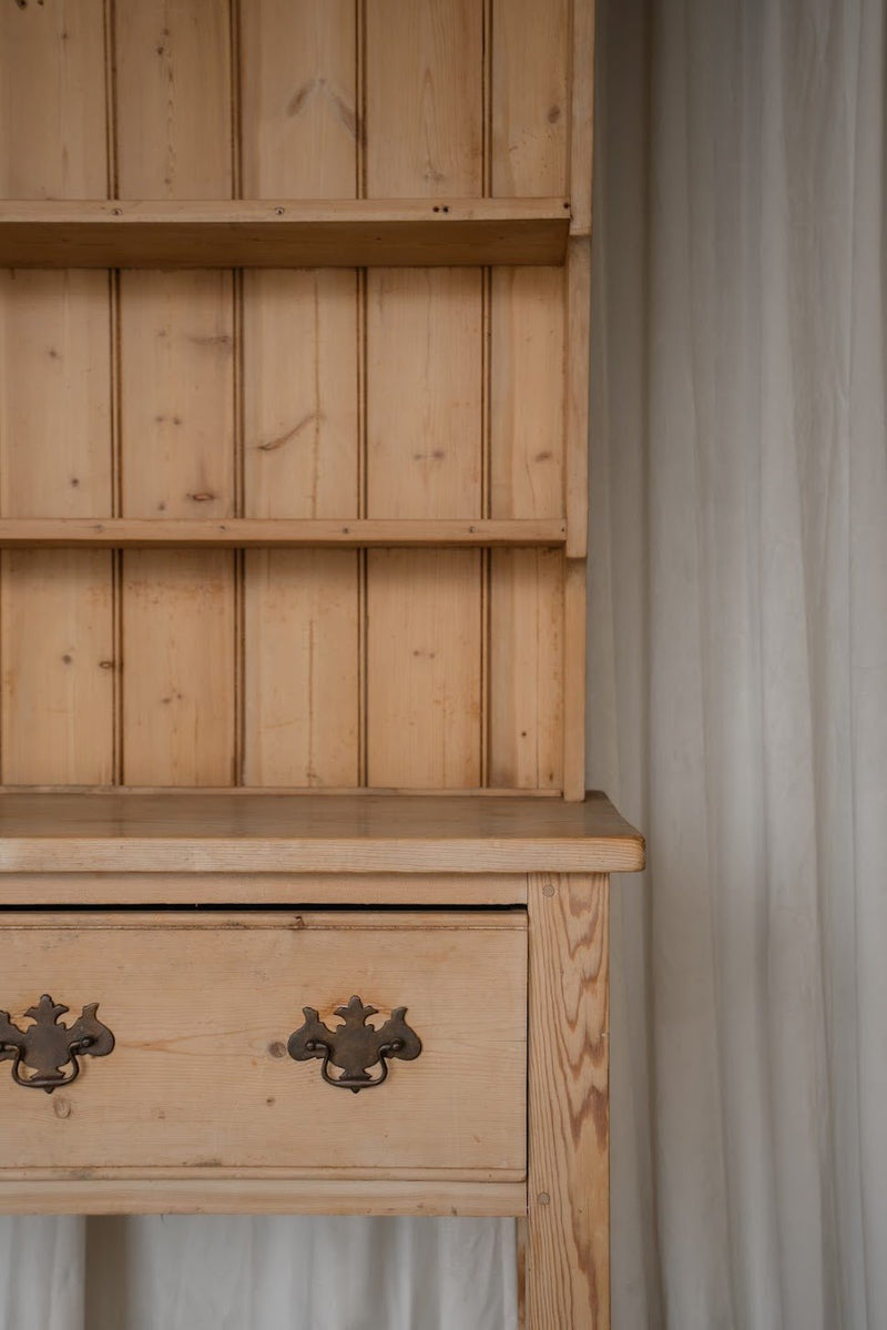 Antique Pine Kitchen Dresser with Brass Handles and Open Shelving - IDYLL MANOR