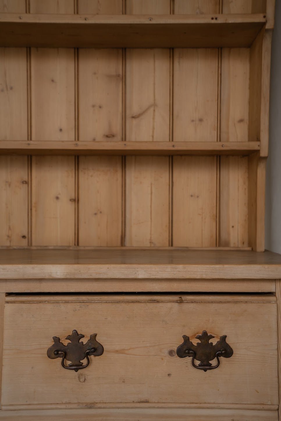 Antique Pine Kitchen Dresser with Brass Handles and Open Shelving - IDYLL MANOR
