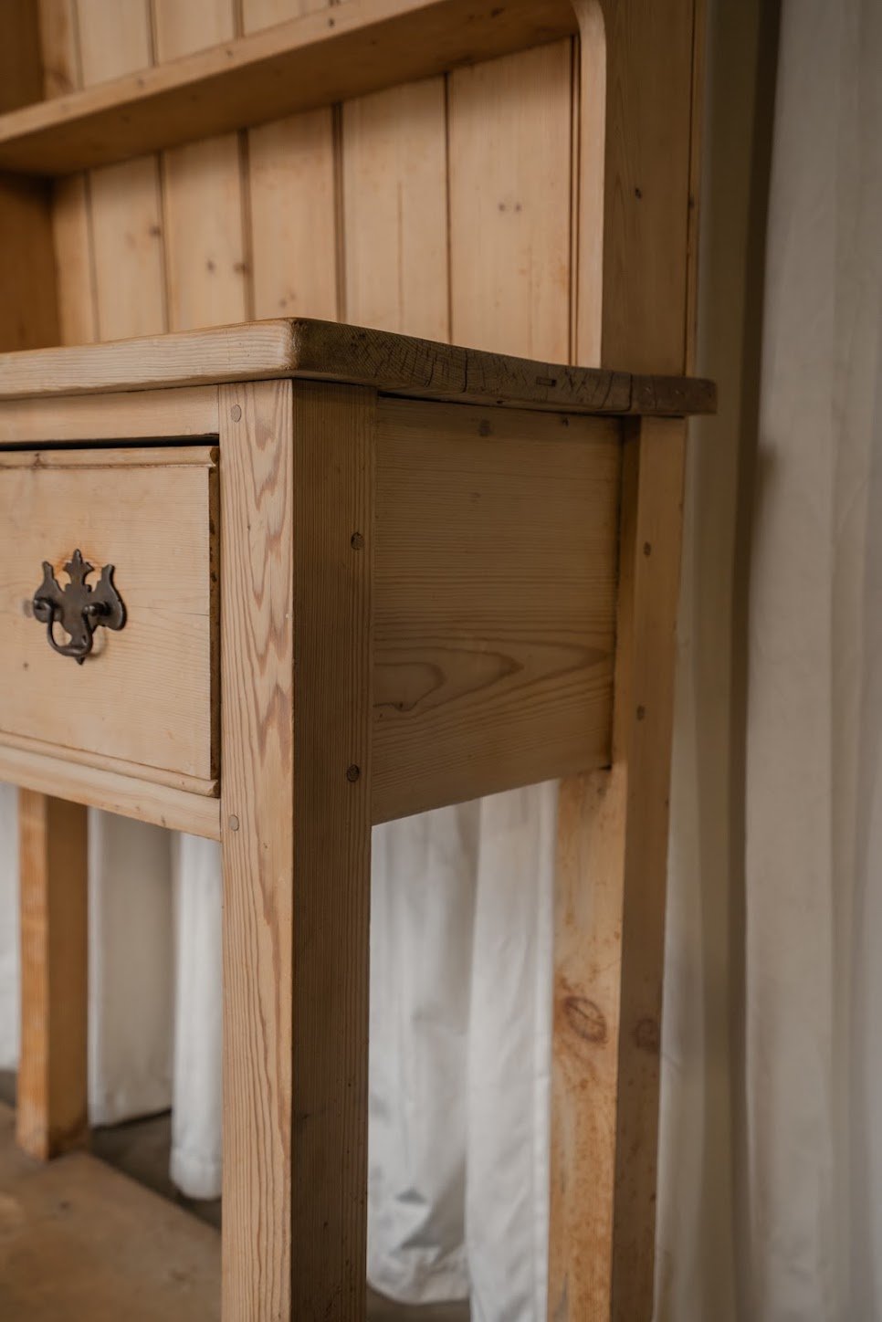 Antique Pine Kitchen Dresser with Brass Handles and Open Shelving - IDYLL MANOR