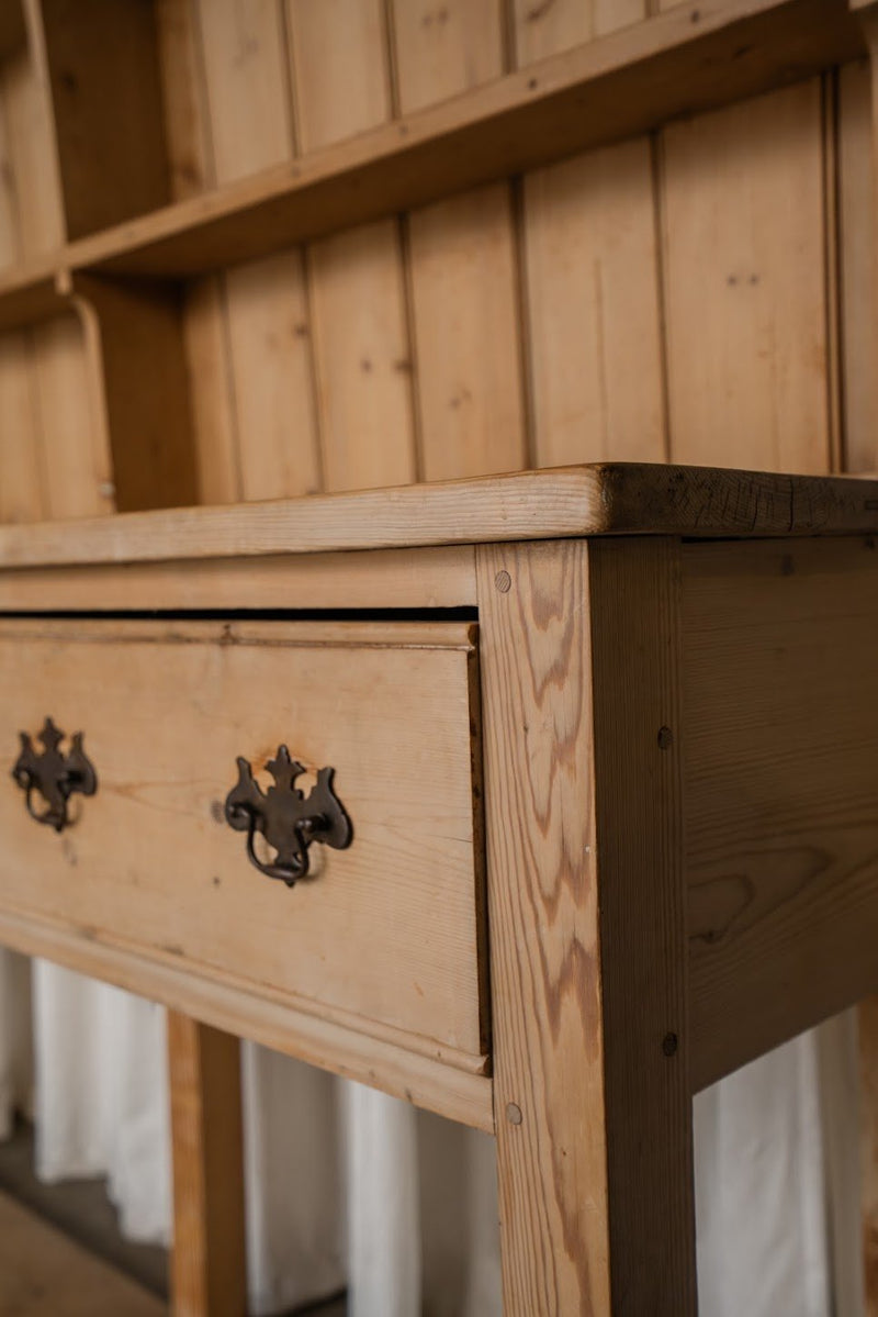 Antique Pine Kitchen Dresser with Brass Handles and Open Shelving - IDYLL MANOR