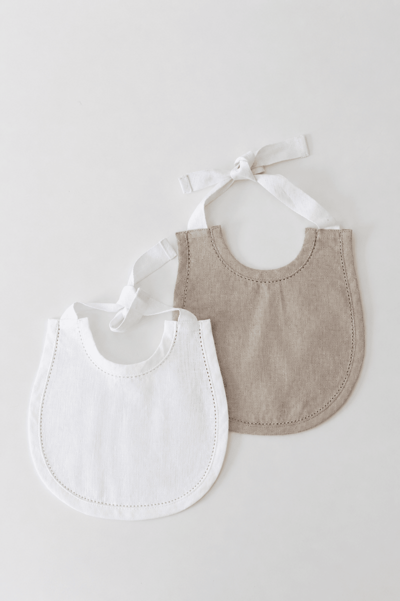 Hemstitched Linen Keepsake Baby Bibs | Beige - IDYLL MANOR