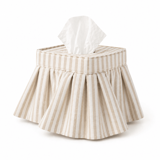 Tissue Box Cover | Skirted Linen Oatmeal Awning Stripe - IDYLL MANOR