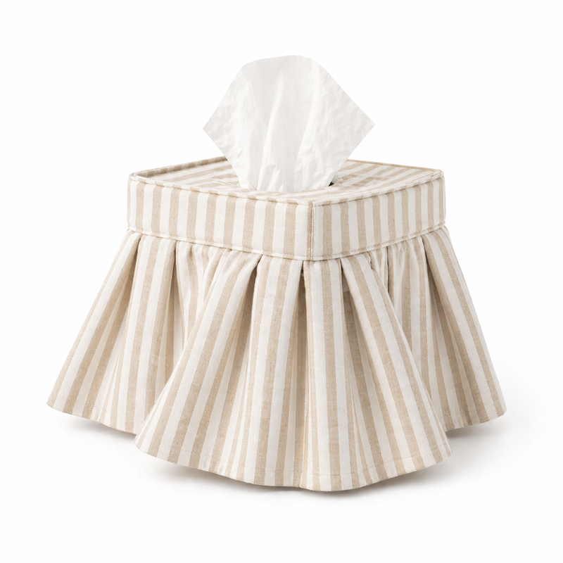Tissue Box Cover | Skirted Linen Oatmeal Awning Stripe